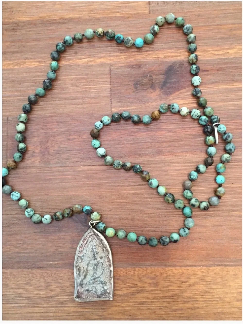 African Turquoise Beaded Pendant Necklace - Turquoise Stone Mala